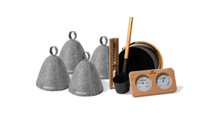 Four gray felt sauna hats and Plunge's Ultimate Sauna Accessory Kit: bucket, ladle, thermometer-hygrometer set.