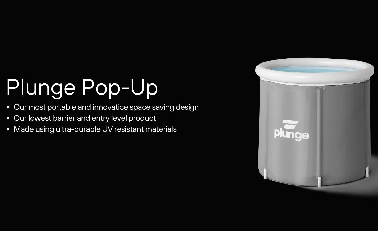 Plunge Pop-Up portable pool with a gray exterior, emphasizing portability, affordability, and UV resistance.