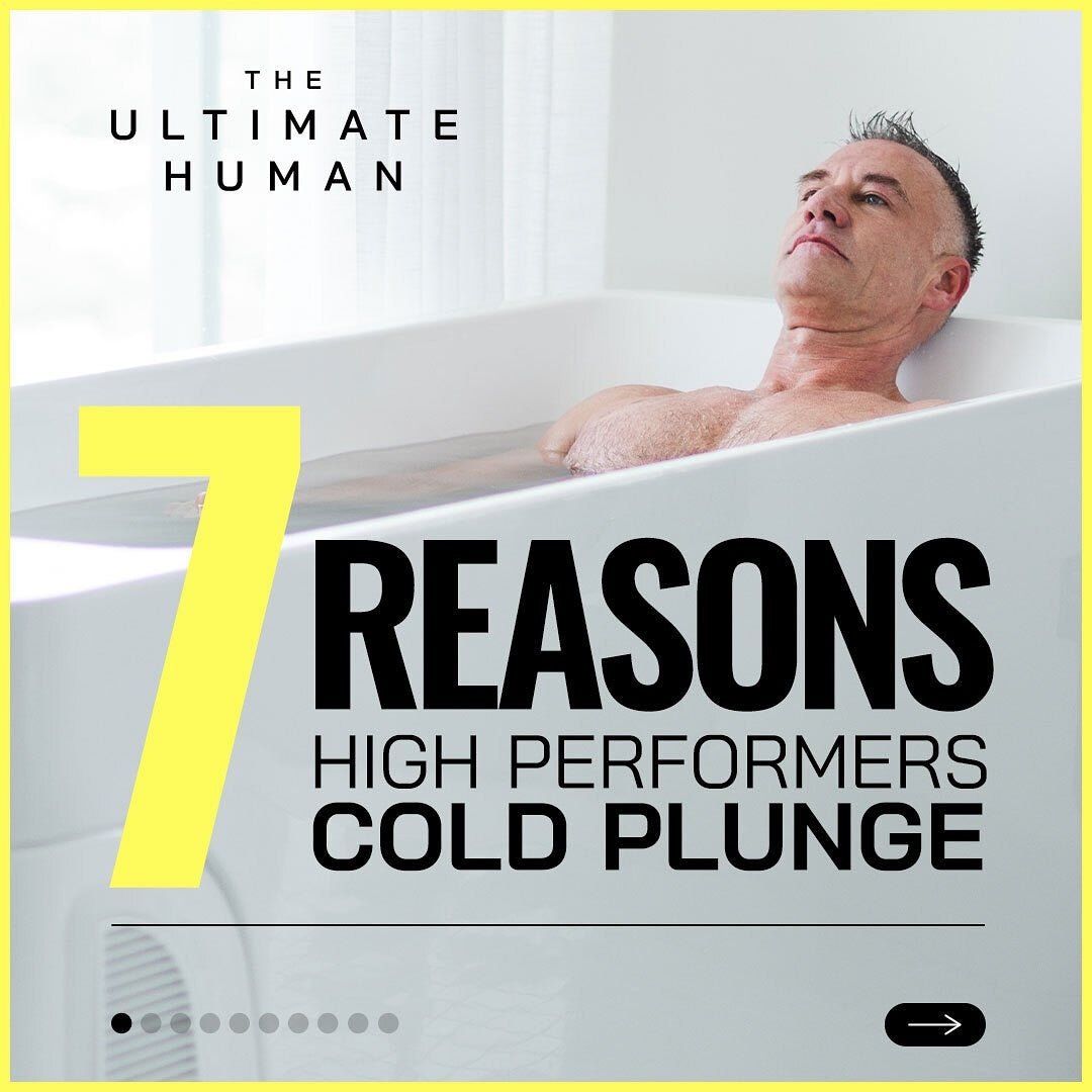 Man in a cold plunge tub with text promoting cold plunge benefits.