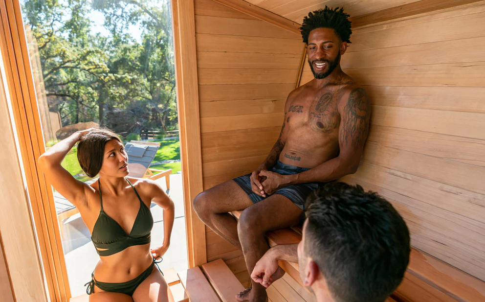 3 people inside plunge sauna