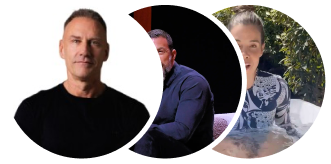 Three individuals in separate circular frames; one man in a black shirt, another with facial hair, and a woman outdoors.