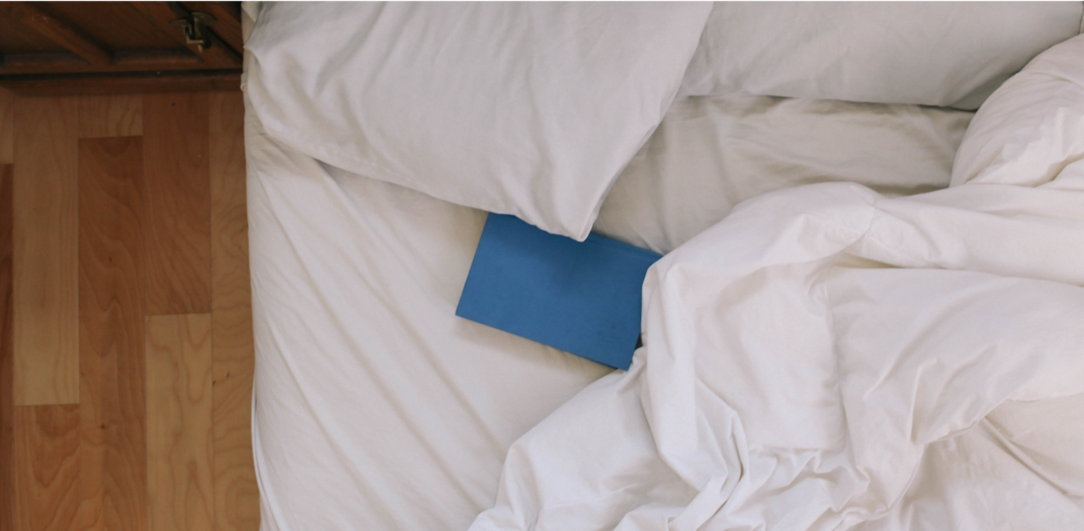 A blue book lies on rumpled white bed linens.