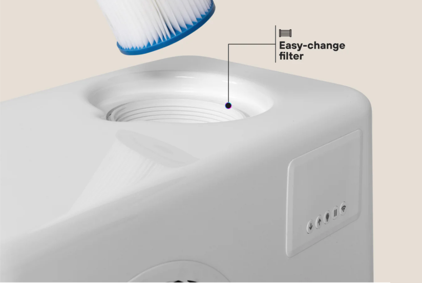 Close-up of an air purifier with an easy-change filter being shown.